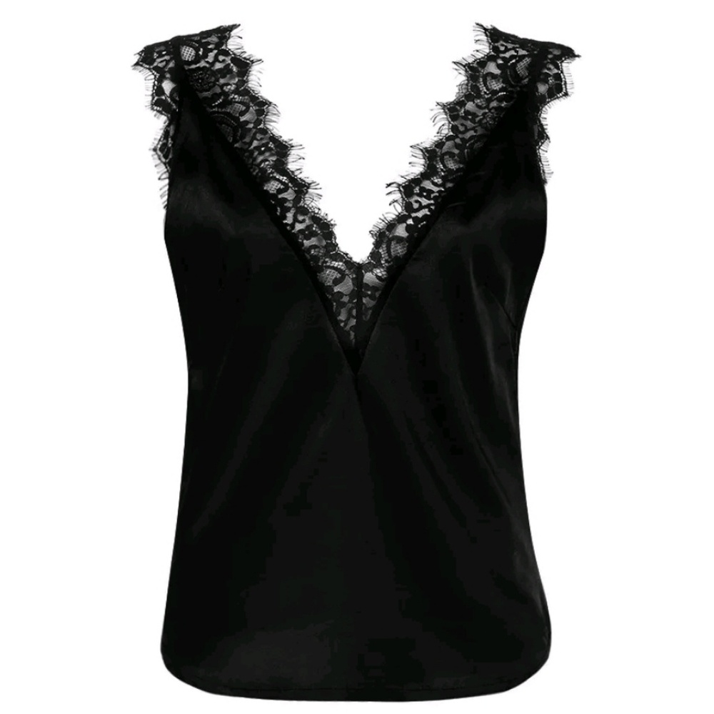 Sexy black silky tank top lace trim V neck